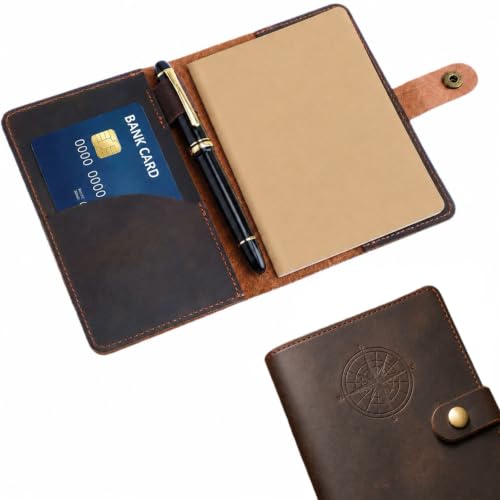 Eaasty Genuine Leather Journal Cover for 3.5 x 5.5 Inches Notebooks Compass Leather Notebook Back to School Slot/refillable Travel Pocket Notebook Handmade with Pen Holder for Travel Office Writing