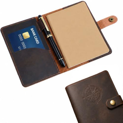 Eaasty Genuine Leather Journal Cover for 3.5 x 5.5 Inches Notebooks Compass Leather Notebook Back to School Slot/refillable Travel Pocket Notebook Handmade with Pen Holder for Travel Office Writing