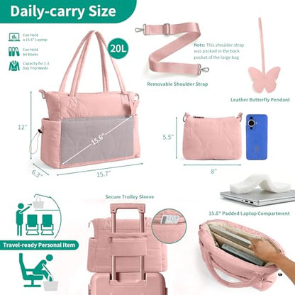 Puffer Tote Bag for Women, Lightweight Quilted Puffy Work Handbag with Zipper & Water Bottle Pocket for Teacher, Office - color: Pink