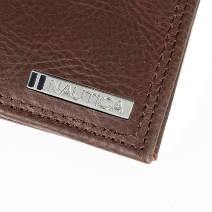 Nautica Men's Bifold Leather Wallet | RFID Blocking | ID Window | Card Slots | Organization | Durable | Stylish - color: Enameled Logo - Brown