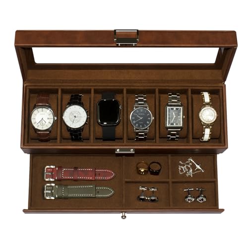 Watch Box, 6 Compartment Watch Display Box with Drawers, Men's Watch Box with Glass Lid, 2 Tier Jewelry and Watch Organizer, Unisex Watch Rack Organizer - style: 6 watches-Brown