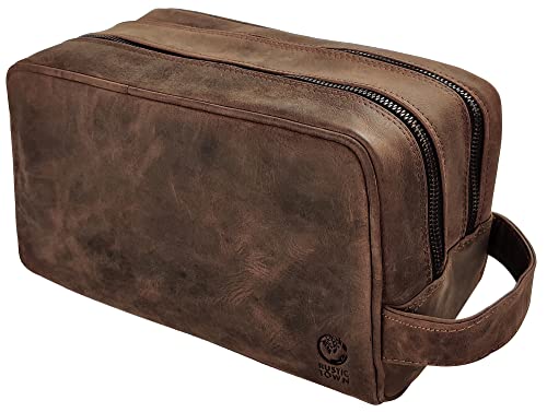Leather Travel Toiletry Bag for Men, Full Grain Cosmetic Dopp Kit Organizer - color: Dark Brown