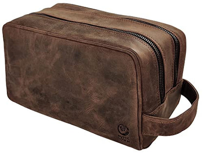 Leather Travel Toiletry Bag for Men, Full Grain Cosmetic Dopp Kit Organizer - color: Dark Brown