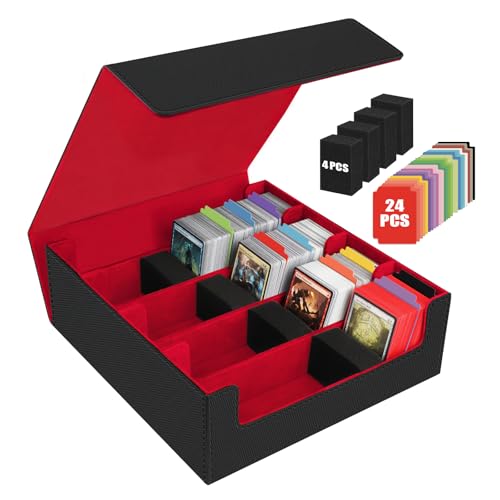 AOBOPLE 3200+ Trading Card Storage Box with Magnetic Closure, PU Leather | 4-Row Card Box,24 Dividers + 4 Foam Supports,Card Organizer For MTG TCG Magic Sports Cards,Gift For Collectors - color: 3200+Black Red