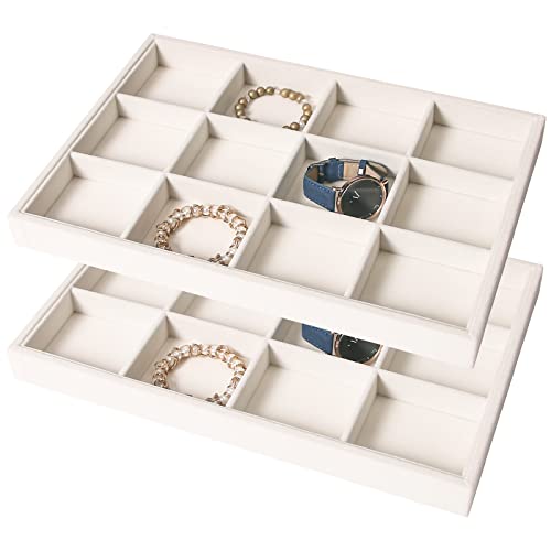 Coward 2PC Stackable 12 Grids Jewelry Organizer Tray Bracelet Display Stand for Selling Velvet Necklace Holder Earring Box Storage (12grid+12grid) - color: Beige Velvet, size: 12Grids+12Grids