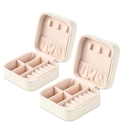 Travel Jewelry Case 2 Pack Mini Travel jewelry Box Portable Organizer Women Girls Gift Box for Rings Earrings Necklaces Bracelets - color: Off white