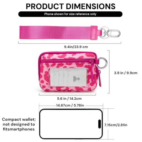 Small Wristlet Wallets for Women with Clear ID Window, Keychain Coin Purse | Organized Interior with 3 Card Slots, Inner Mesh Pouch, Lipstick Holder, Metal Key Ring and Detachable Wrist Strap - color: Hot Pink Leopard