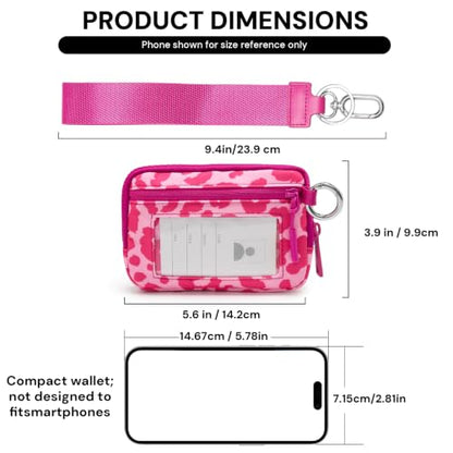 Small Wristlet Wallets for Women with Clear ID Window, Keychain Coin Purse | Organized Interior with 3 Card Slots, Inner Mesh Pouch, Lipstick Holder, Metal Key Ring and Detachable Wrist Strap - color: Hot Pink Leopard