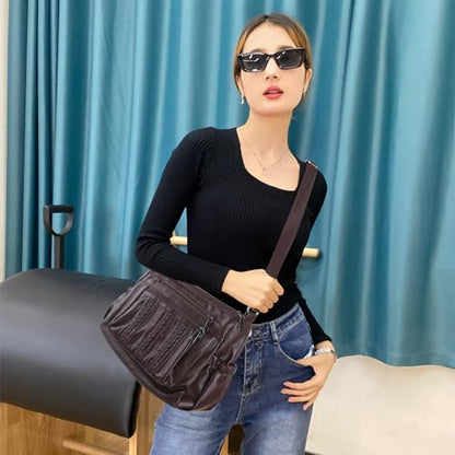 ELDA Crossbody Bags For Women Pocketbooks Soft PU Leather Purses and Handbags Multi Pocket Shoulder Bag - color: Coffee