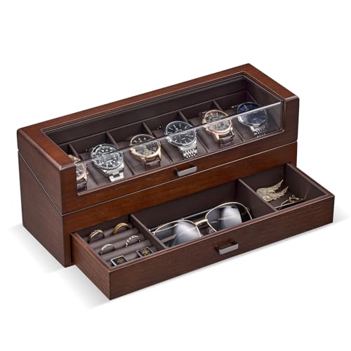 ProCase High End Wooden Watch Box for Men, 2-Layer Wood Watch Display Case Men's Jewelry Organizer Box with Drawer -6 Slot, Walnut - color: Walnut, size: 6 Slot