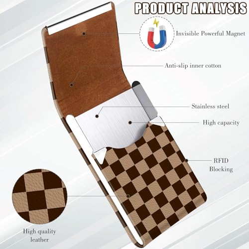 2Pack Leather Stainless Steel Business Card Holder, Metal Slim Business Card Case for Women or Men, Pocket Business Card Carrier with Prints, Magnetic Closure, RFID Blocking - color: Plaid-Brown
