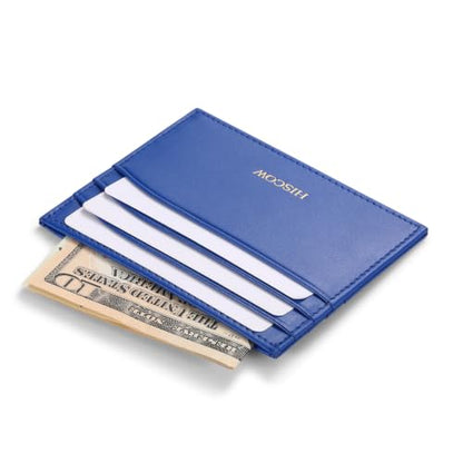 HISCOW Slim Full Grain Leather Card Holder, Electric Blue | Men's minimalist EDC wallet, front pocket carry, 6 credit card slots & center pocket, fits folded bills, premium gift box - color: Electric Blue