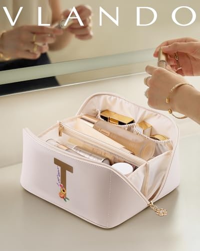 VLANDO Personalized Makeup Bag,Gifts for Women, Letter T,Off White | PU Leather Personalized Toiletry Bag,Open Flat Cosmetic Skincare Organizer,Gifts for Women,Traveler，Daughter - color: 14.White-T