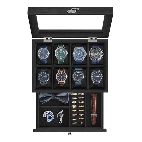 SONGMICS 8-Slot Watch Box, 2-Tier Watch Display Case with Large Glass Lid, Removable Pillows, Velvet Lining, Jewelry Box, Gift Idea, Ink Black UJOW008B02 - color: Ink Black, size: 2 Layer 8 Slot