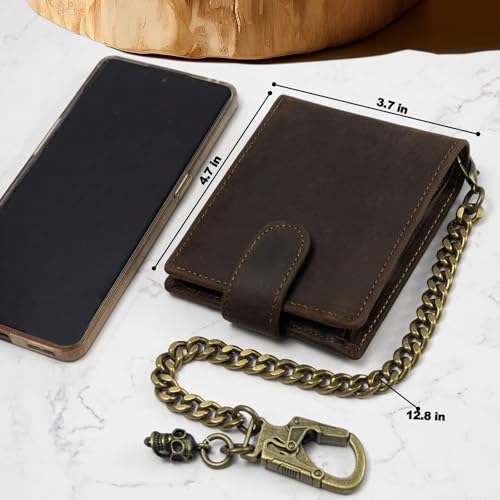 Ahiller Chain Wallets for Men Crazy Horse Leather Bifold Biker Wallet Brown | Removable Anti-Theft Stainless Steel Chain,Come with Gift Box,Zippered Cash Compartment,1 ID Window, 5 Card Slots - color: Brown