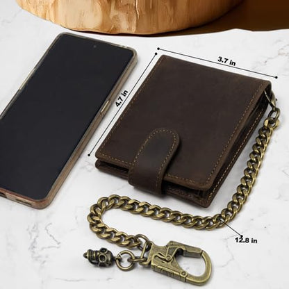 Ahiller Chain Wallets for Men Crazy Horse Leather Bifold Biker Wallet Brown | Removable Anti-Theft Stainless Steel Chain,Come with Gift Box,Zippered Cash Compartment,1 ID Window, 5 Card Slots - color: Brown