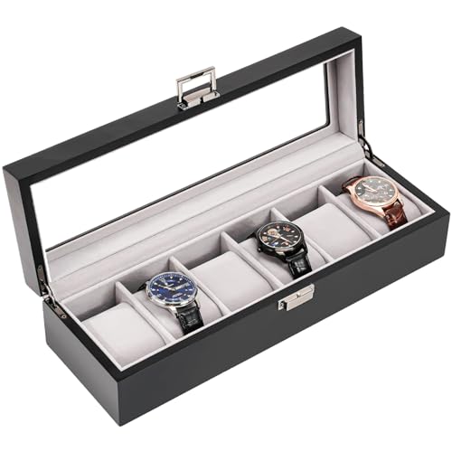ProCase Wooden Watch Box, 6 Slot Mens Watch Display Case, MatteBlack | Wood Watches Holder Storage Organizer with Clear Lid, Anniversary Christmas Birthday Gift for Dad Friend Father Men Women - color: Black, size: 6-Slot