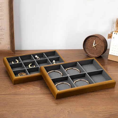Oirlv Wood Jewelry Ring Display Tray Dark Grey | Solid Wood Frame, Soft Microfiber Interior, 9.84X17X1.18In Ring Tray With Slots, Beautiful Wood Finish, Protects Jewelry - color: Grey, size: 5 slot