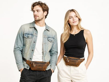 Water Resistant Canvas + Leather Hiking Riding Travel Fanny Waist Pack Small Phone Pouch For Men Women FB811-29 (W-8138-Brown) - color: W-8138-Brown