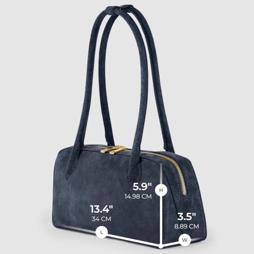 Italian Genuine Suede Shoulder Bag for Women with Long Top Handles & Zip Top | Compact Rectangular Designer Purse (Dark Blue) - color: Dark Blue