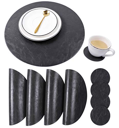 Jovono Set of 4 Round Placemats and Coasters, Faux Leather Table Mats and Desk Coasters, Plate mat Easy to Clean for Round Dining Rable, Diameter 13'' and 3.9'' Gray - color: E Graphite Grey, size: Set of 4