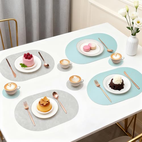 Faux Leather Placemats Set of 6 with Matching Coasters, Heat Resistant PU Oval Placemats, Waterproof Wipeable Washable Place Mats, Non-Slip Table Placemats for Dining Table Kitchen Patio - color: Grey-blue, size: Set of 6