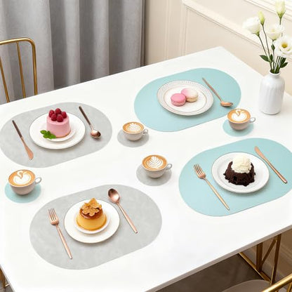 Faux Leather Placemats Set of 6 with Matching Coasters, Heat Resistant PU Oval Placemats, Waterproof Wipeable Washable Place Mats, Non-Slip Table Placemats for Dining Table Kitchen Patio - color: Grey-blue, size: Set of 6