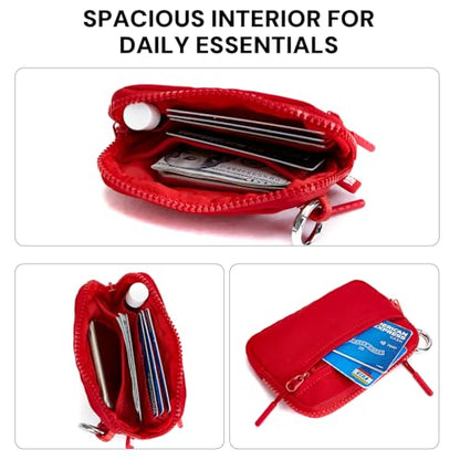Small Wristlet Wallets for Women with Clear ID Window, Keychain Coin Purse | Organized Interior with 3 Card Slots, Inner Mesh Pouch, Lipstick Holder, Metal Key Ring and Detachable Wrist Strap - color: Red
