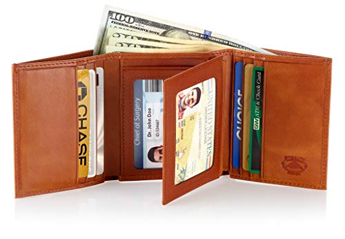 Stealth Mode Trifold Leather Wallet Men RFID Blocking 11 Cards 3 ID Windows - color: Light Brown