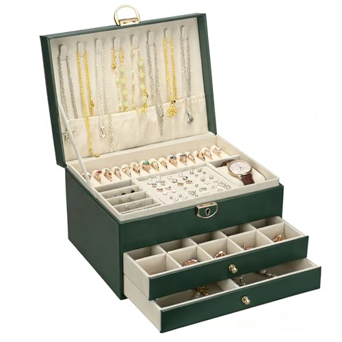 SRTCYDA Jewelry Box for Women, 3-Layer Jewelry Organizers with Lock and Key | Leather Jewelry Organizers and Storage, Dresser Top Jewelry Box for Holds Necklace, Earring, Ring, Bracelet, Watch - color: Green