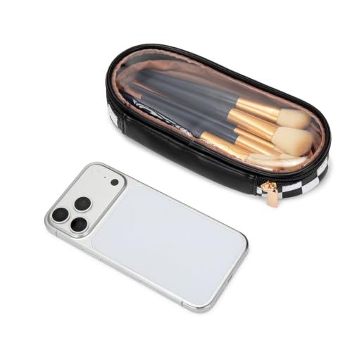 Wrangler Travel Makeup Bag 2pcs Set Cosmetic Bag with Makeup Brush Holder | Portable Make Up Organizer,Large Toiletry Bag with Divider and Handle for Women - color: Checkered-Black