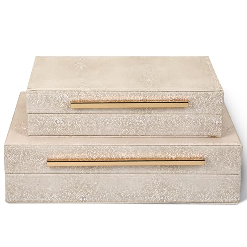 2 Size Ivory Shagreen Decorative Storage Boxes with Gold Metal Handles | HANLANXUE 9.85x6x2.76inch and 11.8x7.87x3.35inch Modern Faux Leather Jewelry Boxes for Home Organizer