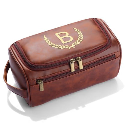 OXYEFEI Personalized Toiletry Bag for Men,Personalized Gifts for Men,Engraved Initial PU Leather Mens Toiletry Travel Shaving Travel Essentials Toiletries Bag for Him Birthday (B, Brown) - color: Brown, style: B