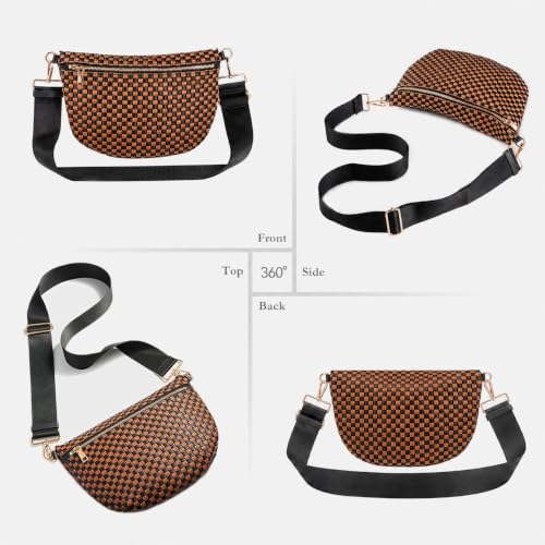 Woven Crossbody Bag for Women, Checkered PU Bum Bag Sling Purse with Adjustable Strap for Travel, Festivals - color: Brown Black