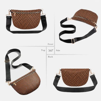 Woven Crossbody Bag for Women, Checkered PU Bum Bag Sling Purse with Adjustable Strap for Travel, Festivals - color: Brown Black