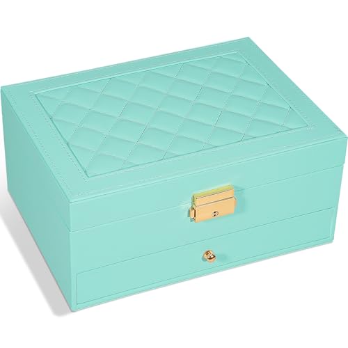 GUOER Jewelry Box for Women Girls, Two Layers Jewelry Organizer (Teal) | Vintage Quilting Stitching PU Leather, Earrings Bracelets Rings Necklace Watches Storage Large Jewellery Holder Case Gifts - color: Teal