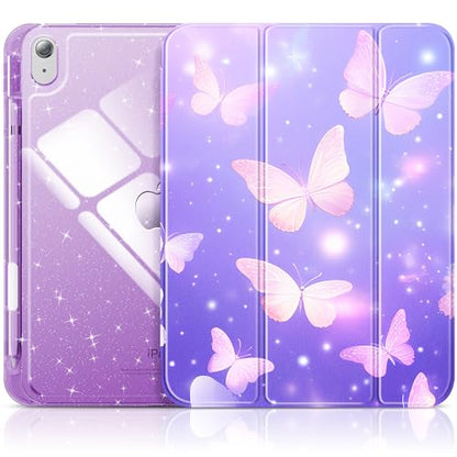 INFILAND Glitter Case for iPad A16 11th/10th Generation 11/10.9 Inch | 2025/2022 Sparkly Clear Cute Protective Cover Back with Pencil Holder For Kids Girls Purple Flutter - color: Purple Flutter