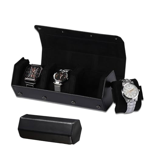 Watch Case PU Leather Travel Watch Box Storage for Men | 3-slot case with detachable cushion, fits 46mm watches, compact upright design for travel gifting.(black) - color: black, size: 3-slots