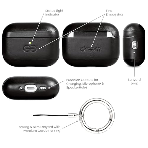 Dreem Real Leather AirPods Pro 3 Case Cover, Keychain Carabiner Clip, for Apple AirPods Pro 3 Case, Leather + Protective Hard Plastic Shell, MagSafe OK, with Reveal Motion Effect [Om:Black] - color: *Real Leather* Black, size: AirPods Pro 3