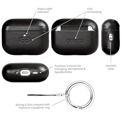 Dreem Real Leather AirPods Pro 3 Case Cover, Keychain Carabiner Clip, for Apple AirPods Pro 3 Case, Leather + Protective Hard Plastic Shell, MagSafe OK, with Reveal Motion Effect [Om:Black] - color: *Real Leather* Black, size: AirPods Pro 3