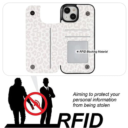 HAOPINSH for iPhone 15 Wallet Case with Card Holder, Floral Flower Pattern Back Flip Folio PU Leather Kickstand Card Slots Case for Women Girls, Double Magnetic Clasp Cover 6.1" (White Leopard) - color: White Leopard