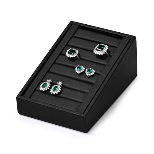 Black PU Leather Slotted Ring Jewelry Display Stand Organizer | Easy-clean scratch-proof PU leather slotted stand, orderly ring earring storage for home dresser & trade show holiday gifts