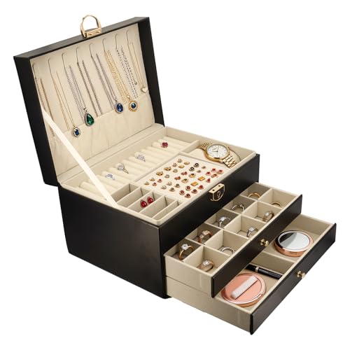 SRTCYDA Jewelry Box for Women, 3-Layer Jewelry Organizers with Lock and Key | Leather Jewelry Organizers and Storage, Dresser Top Jewelry Box for Holds Necklace, Earring, Ring, Bracelet, Watch - color: Black