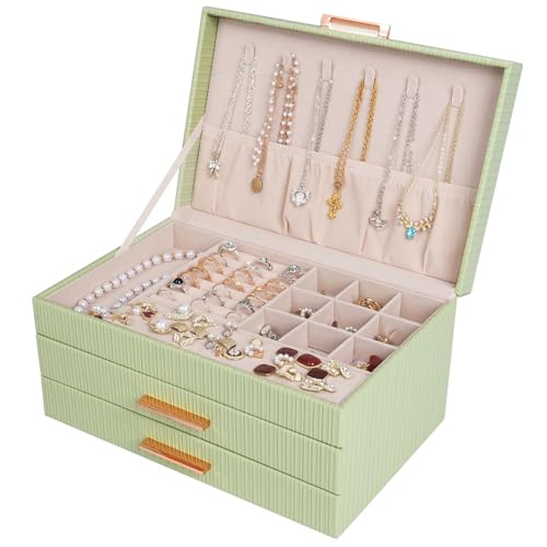Jewelry Box Organizer, 3-Tier Jewelry Storage with 2 Drawers, Large Jewelry Boxes for Women, PU Leather Surface with Texture, Gift Idea, Modern Style, 10.71 x 7 x 5.6 Inches (Avocado Green) - color: Avocado Green