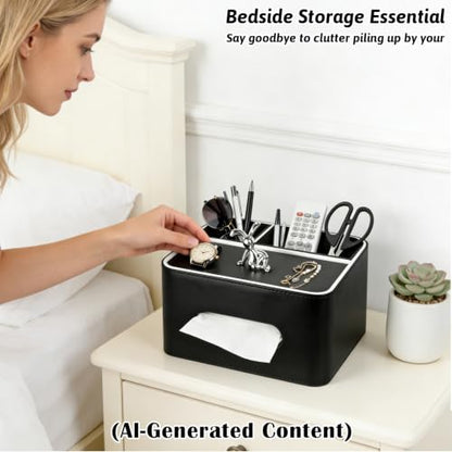 PU Leather Tissue Box Cover Square, Multifunctional Holder with Storage | Fits 120-Count (3-Ply) & 160-Count (2-Ply) Cube Tissues, Remote Control Organizer for Bedroom Desk Living Room (Black) - color: Black