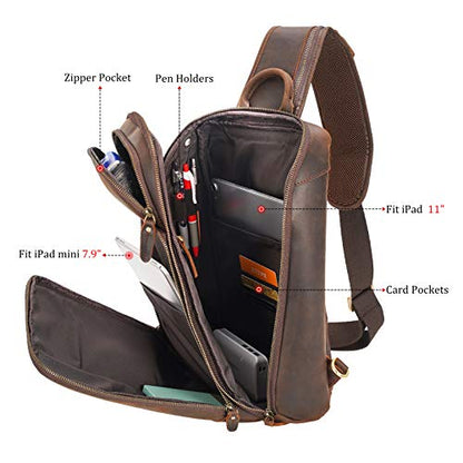 Polare Modern Style Sling Shoulder Bag Men’s Travel/Hiking Daypack with Full Grain Italian Leather and YKK Zippers - color: Small-dark Brown
