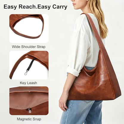 Hobo Bags for Women Leather Shoulder Bag Slouchy Purse Daily Use | Everyday purse, Soft Leather Tote Handbag, Fit 11inch Pad, Key Clip, Widen Shoulder Strap, Inner Pockets, Commute,Travel - color: H1-brown