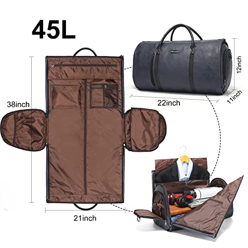 Garment Bags for Travel, 45L Carry-On Convertible Duffle with Strap | 2-in-1 hanging suit bag converts to duffel, shoe compartment, waterproof PU leather, wrinkle-free, detachable strap - color: C-Blue