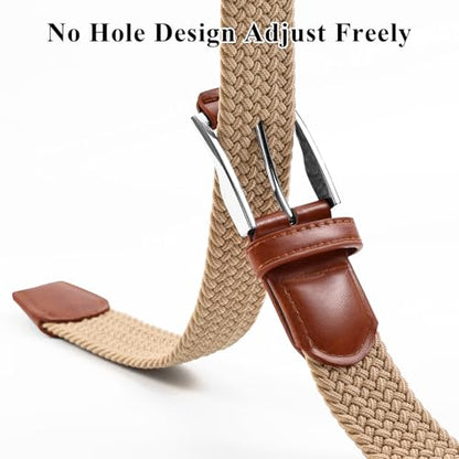 XZQTIVE Braided Stretch Belt Mens Gift Elastic Woven Belt for Golf Casual Pants Shirts Jeans - color: Khaki With Brown Leather, size: Fit Waist 28-33in