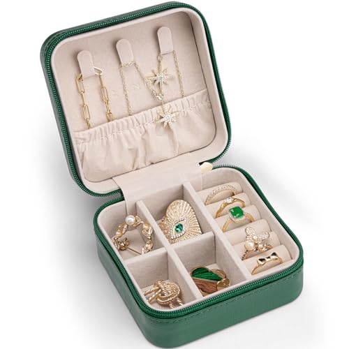 VLANDO Small Travel Jewelry Box Organizer - Girls Women Gift Rings Earrings Necklaces Jewelry Storage Display Case Dark Green | Removable Dividers, Waterproof PU Leather, Scratch-Resistant Lining, Portable Storage for Rings, Earrings, Necklace，Bracelet -